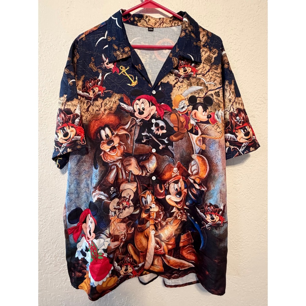 Disney Pirates of the Caribbean Mickey Mouse All Over Print Button Down 2XL